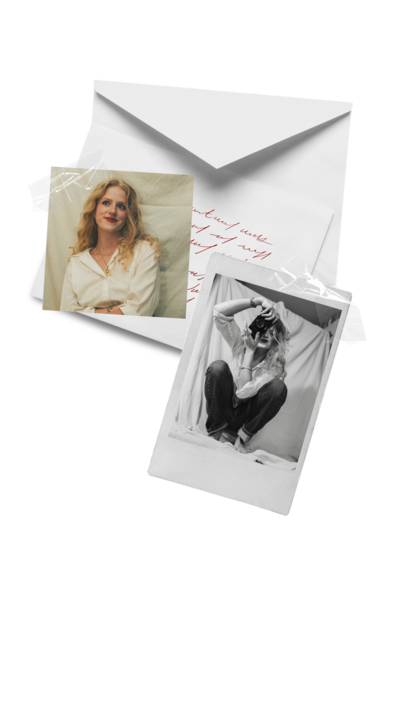 Polaroid-style photo of a smiling woman with wavy blonde hair wearing a casual sweater, annotated with 'Payton, Sept 22' in handwritten text.