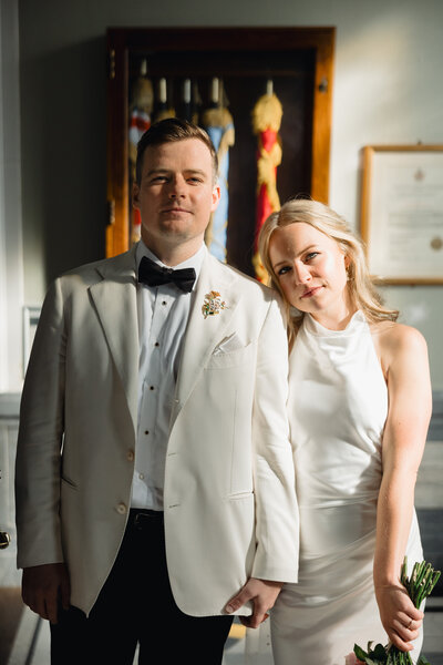 Couple portrait at Islington Town Hall]