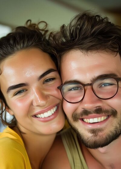 Smiling couple sitting close together, symbolizing connection, trust, and emotional growth through online couples counseling in Florida with Relationship Experts.