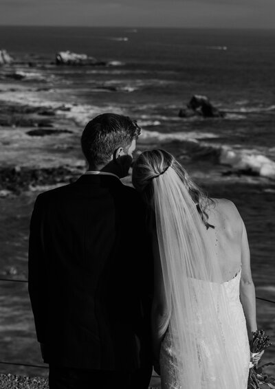 bride and groom looking out at the ocean