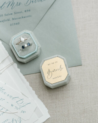 wedding ring with blue envelope
