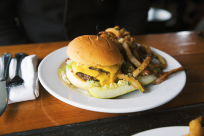 Burger and fries from Original Joe's restaurant in Downtown San Jose, California. Landmark Italian-American restaurant.  