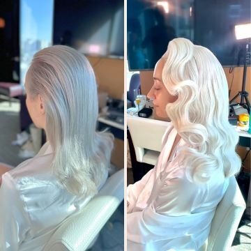 Before and after photos of a Las Vegas bride wearing a custom-styled synthetic bridal wig, transformed from slicked back to vintage Hollywood waves.