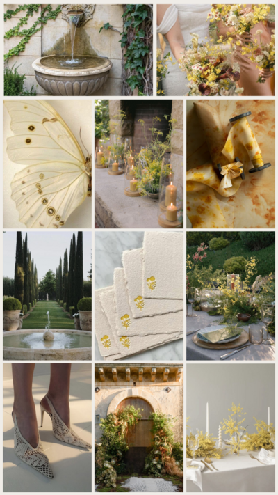 Garden Reverie wedding mood board with lush florals, romantic outdoor settings, trailing greenery, and whimsical garden-inspired décor.