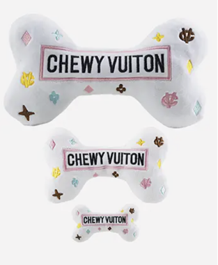 White Chewy Vuiton Bone Squeakers Variety of Sizes