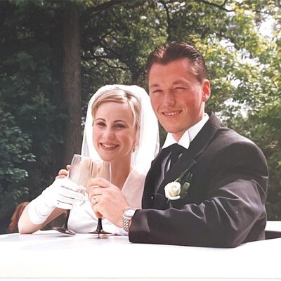 bride and groom just married clinking glasses - rose stephan and roger