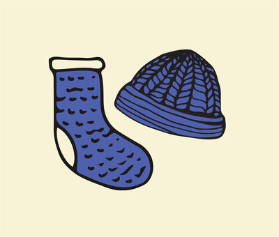 Illustrated blue sock with wavy patterns and matching knit hat, both outlined in black, evoke the serene flow of the Suwannee River Rendezvous camping grounds in Lafayette County, Florida. The design hints at the tranquility you’ll find when exploring their monthly campground rates.