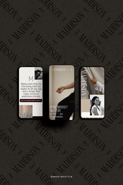 Luxury brand design for London, UK business mindset coach with three mobile website mockups