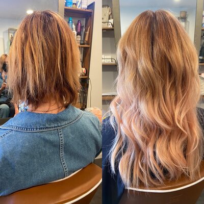 before and after hair transofrmation of woman with blonde and brown hair.