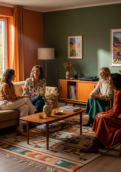 Four women enjoying a relaxed conversation in a cozy, sunlit living room with mid-century modern decor at NiuOla Health in Olympia, Washington, highlighting a welcoming and supportive community atmosphere.