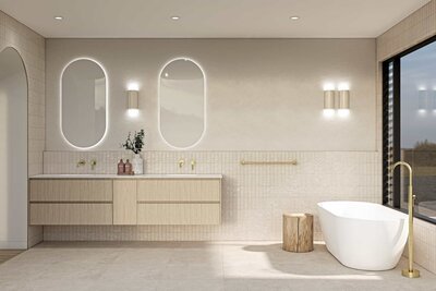 Master ensuite in the Solis home featuring a double vanity with backlit mirrors, soft lighting, and stone finishes.