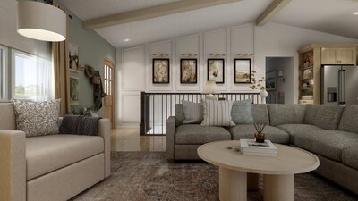 Living room 3D rendering with large sectional sofa, molding on stairwell wall, coffee table, rug and seating area next to corner fireplace