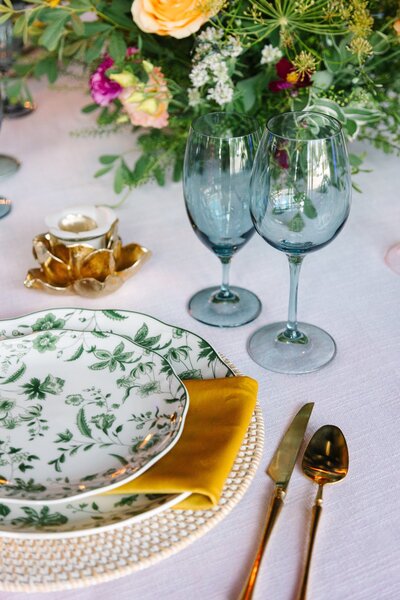 Tablescape with green floral plates