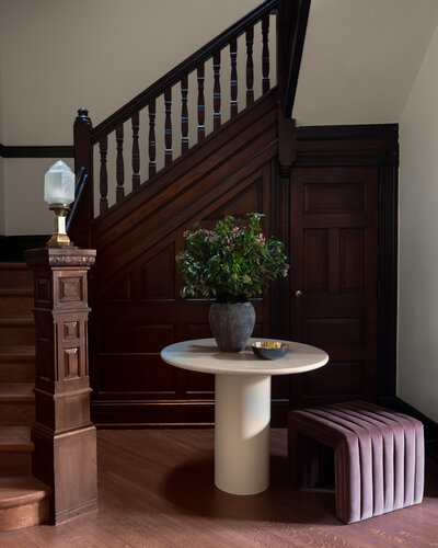 Staircase in historic Logan Circle home in Washington, DC, designed by interior design firm, Sanabria & Co.