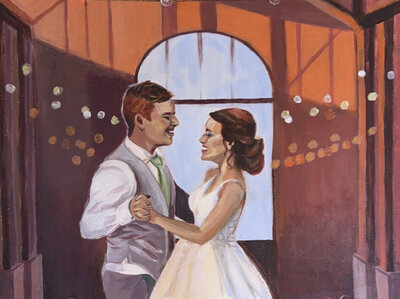 Painting of bride and groom dancing together
