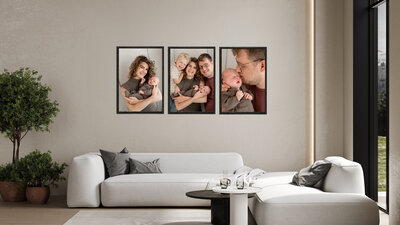 Mock-up van een exclusief 3-luik kunstwerk aan de muur, gemaakt op basis van een gezinsshoot in Studio Laurant – hoogwaardig en handgemaakt product van Juliette Fotografie.