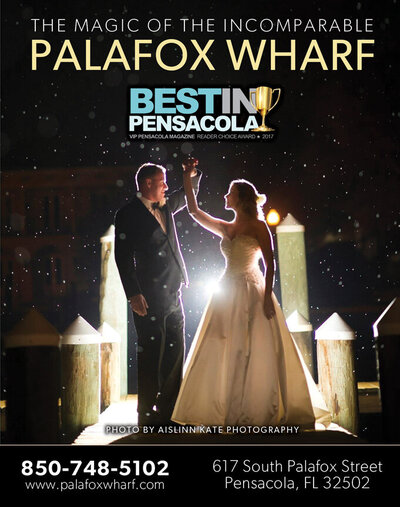 BEst of Pensacola is Palafox Wharf Waterfront for Winner of event and wedding venue.  Multiple event spaces includes huge green waterfrt lawn for cermonies and games or overflow guest seatin, extra large waterfront deck for viewing cocktail hour, viewing fireworks, or smaller ceremonies.