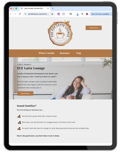 Tablet screen showing Carla Ward’s ECE Latte Lounge membership sales page with a coffee-themed design and image of Carla smiling on a couch.