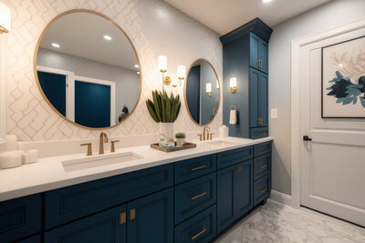 Master Bathroom in navy blues and whites with gold trim round mirrors.