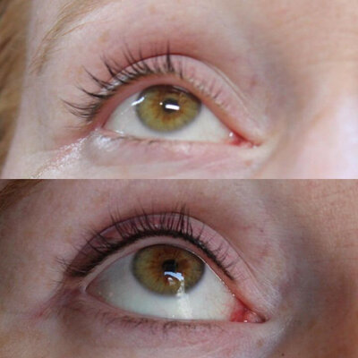 Before and after image of eyeliner tattoo permanent makeup on a hazel eye