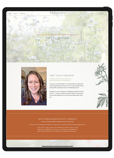 Therapist website About page displayed on an iPad.