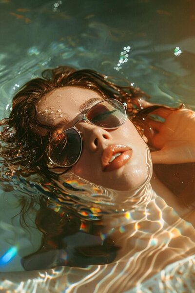 A close-up of a woman floating serenely in crystal-clear water, her face framed by soft ripples and sunlight dancing across her skin. Her reflective sunglasses add a touch of elegance, symbolizing the rejuvenating experiences possible through vacation fundraising for charities that support meaningful causes.