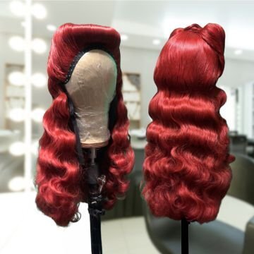 Front and back views of a custom-styled red lace front bridal wig featuring vintage-inspired waves, styled in Las Vegas for secure, timeless wear.