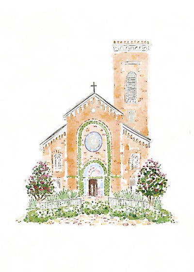 Bright watercolor illustration of the chapel at Sacred Heart Church in Canton, Mississippi.