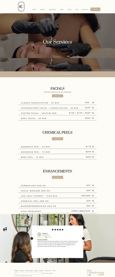 The homepage of The Complexion Club's website, designed to showcase their treatments and create a relaxing, aesthetic experience.