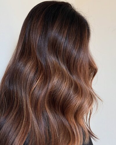 auburn brown hair with lots of dimension and shine
