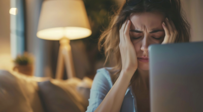 Woman with hand on forehead looking exhausted representing the grief of a late ADHD diagnosis