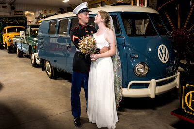 Bride & Groom Posing with Bouquet and Vintage VW Bus - Bridal Portrait - Jennifer Mummert Photography
