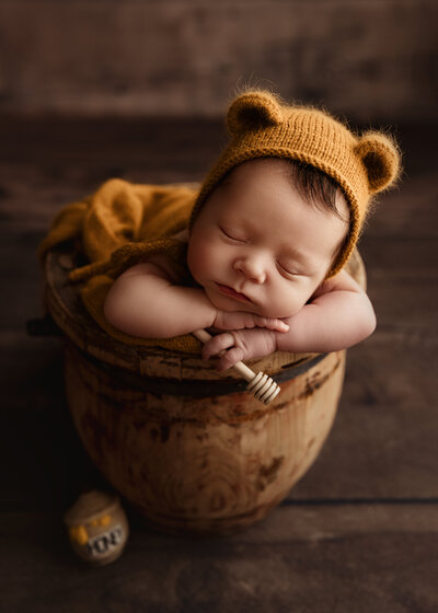 newborn posed as winnie the pooh holding. honesy stick in brown bucket and posed in studio near seattle washington