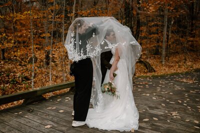 bride and groom kissing under veil