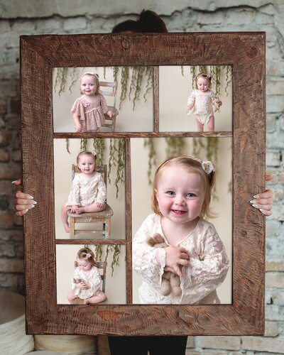 stained wood collage framed portraits of little girl