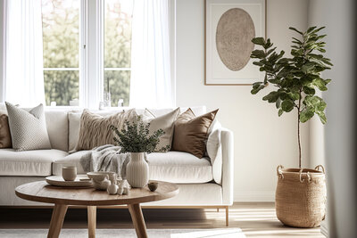A cozy living room with a white sofa, adorned with neutral-colored cushions, and a wooden coffee table holding a vase and decorative items. Natural light streams through large windows, and a leafy plant is in a woven basket next to the sofa.