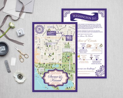 downtown washington dc wedding map and itinerary for indian wedding with purple accents