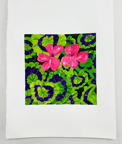 A completed monoprint featuring vivid pink flowers against a background of layered green and purple foliage.
