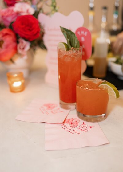 Wedding signature cocktails and bar sign with custom cocktail napkins 