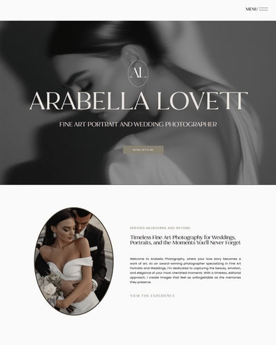 Arabella Showit website template for photographers with an elegant, refined design—ideal for showcasing editorial and luxury photography portfolios.