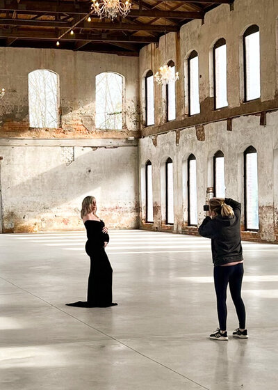 Behind the scene maternity session at Providence Cotton Mill