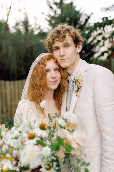 A film-style portrait of bride Peyton Curry during her intimate backyard wedding in Richmond, VA, captured by a Richmond wedding photographer.