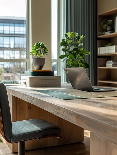 A home office setup with a wooden desk, an open laptop, and indoor plants by a window with natural light.