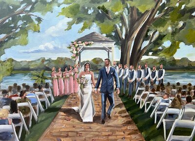Painting of bride and groom in a ballroom
