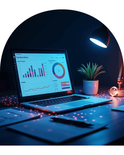 Ordinateur affichant des graphiques d’analyse des performances digitales dans une ambiance nocturne professionnelle, création et suivi webmarketing réalisés par Lili Créa Design à Saint-Nazaire en Loire-Atlantique