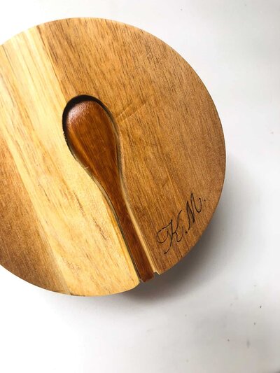 spice jar customized with wood burned initials