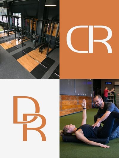 A four-part collage showcasing Darwin Ruiz’s brand: top left displays his gym’s modern training facility; top right shows a mirrored “D” and “R” monogram (mistakenly appearing as “CR”) in white over a copper background; bottom left features the interlocking DR monogram in copper; and bottom right captures Darwin guiding a client through a foam rolling session on turf.
