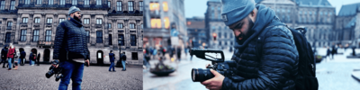Alex Carias with a professional camera in hands, taking a picture on the street