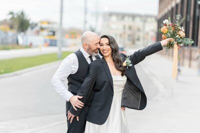 Bride and groom walk up memorial steps at their DC wedding