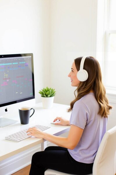Stacey Xanthe working in her home office editing a podcast on an iMac, wearing headphones and a lavender top, with coffee and a small succulent on the desk.